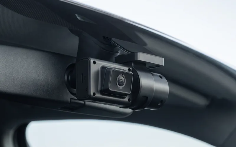 A dashcam mounted behind the windscreen